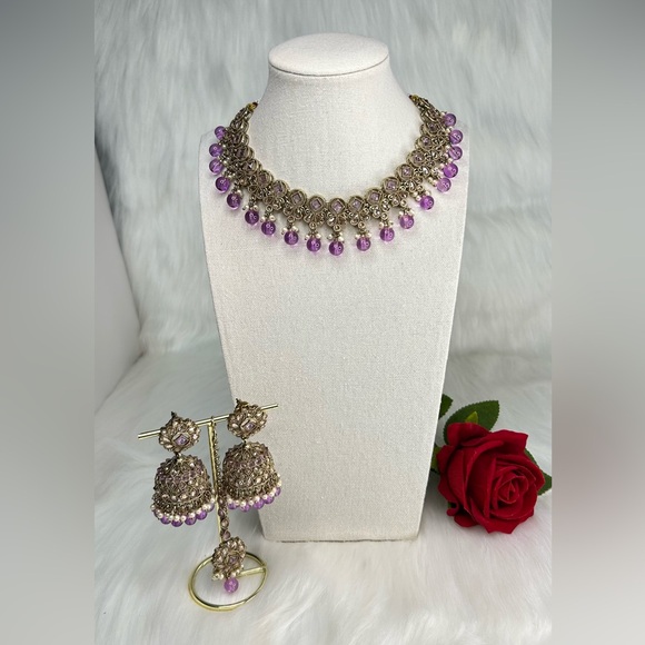 Beautiful Lavender Gold Polki Necklace With Jhumka & Tikka Set - Picture 10 of 10